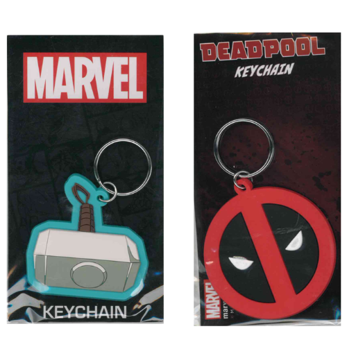 KEYCHAIN MARVEL MARTELLO DI THOR - LOGO DEADPOOL - IRON MAN - CAPTAIN AMERICA - THOR IN GOMMA