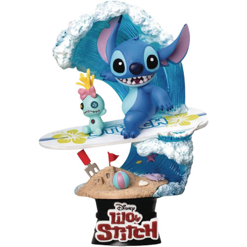 D-STAGE DISNEY STATUA DI STITCH SURFING, IN STILE DIORAMA - LILO E STITCH FIGURE DA COLLEZIONE