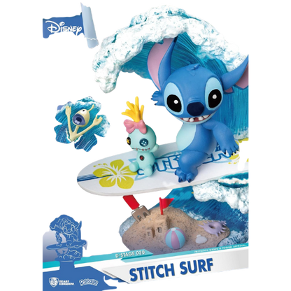 D-STAGE DISNEY STATUA DI STITCH SURFING, IN STILE DIORAMA - LILO E STITCH FIGURE DA COLLEZIONE