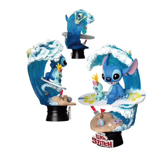 D-STAGE DISNEY STATUA DI STITCH SURFING, IN STILE DIORAMA - LILO E STITCH FIGURE DA COLLEZIONE