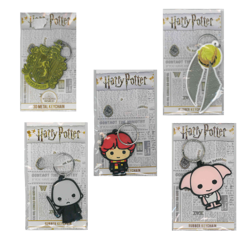 KEYCHAIN HARRY POTTER LOGO TASSOROSSO IN METALLO E BOCCINO - VOLDEMORT - RON WEASLY - DOBBY IN GOMMA